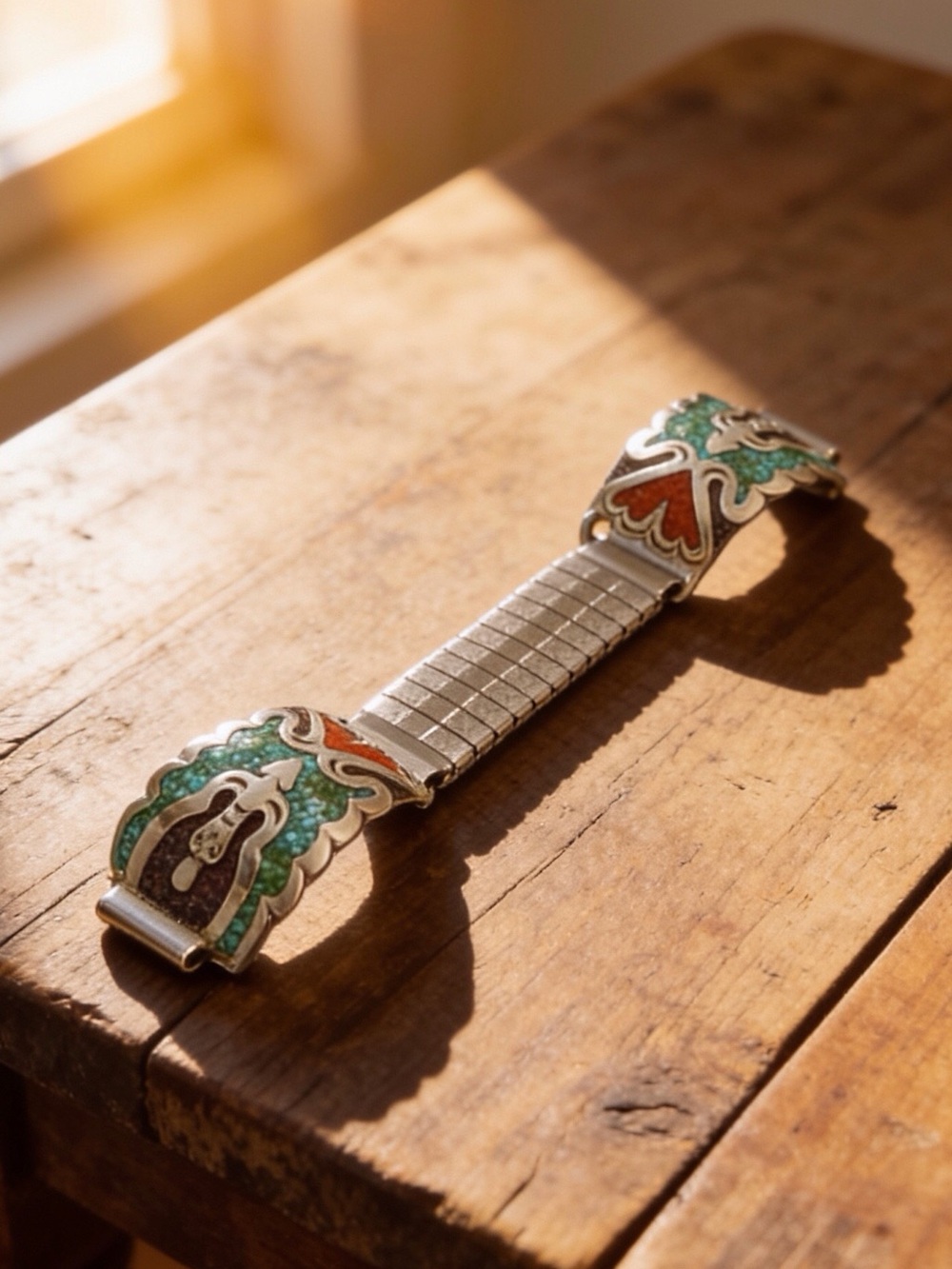 Men’s Sterling Navajo Turquoise/Coral Inlay Thunderbird Tips/Band Signed SD - Picture 14 of 14